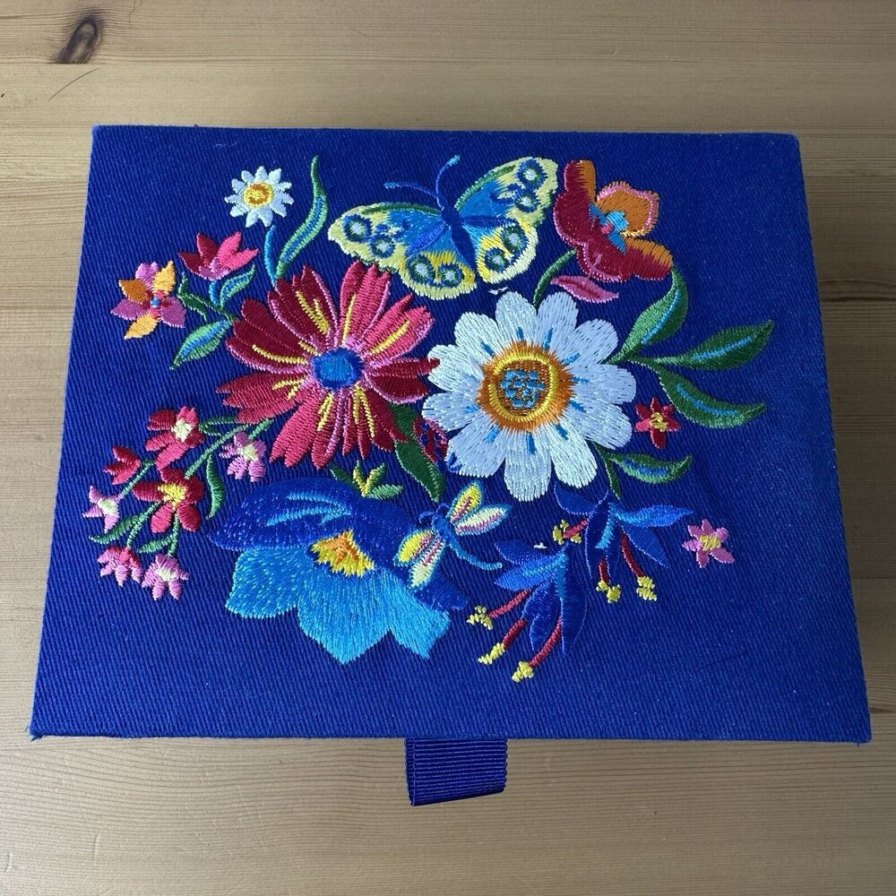 Brighton Fabric Box Blue Floral Embroidered Keepsake Classic Simple Gift Box